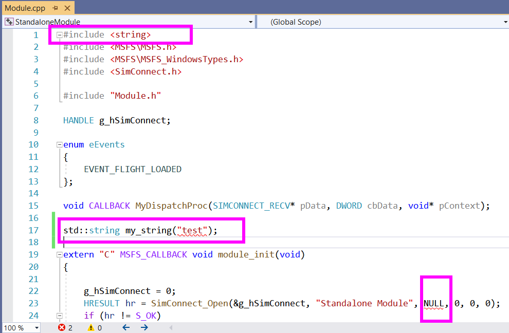 Visual Studio MSFS Platform Intellisense flags simple string ...